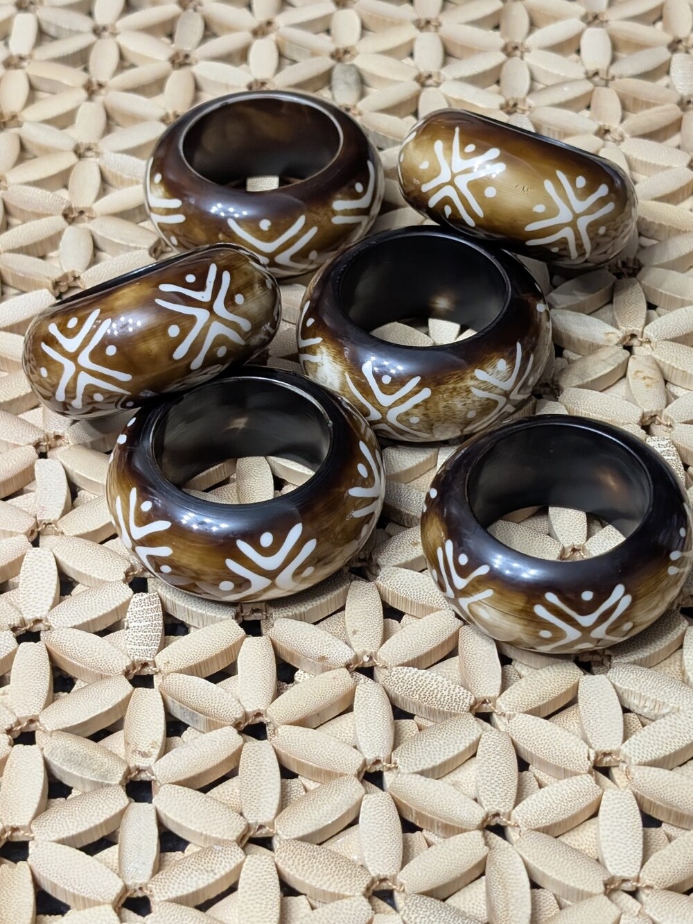 Hand-Painted Brown Resin Napkin Rings White Design - Set of 6 Boho Earthy Tribal